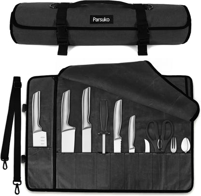 Chef Knife Roll Bag,Waterproof Waxed Canvas Knife Case Holds,Knives Roll Bags for Chefs Professional with Adjustable Strap,Chef Backpack (Black)