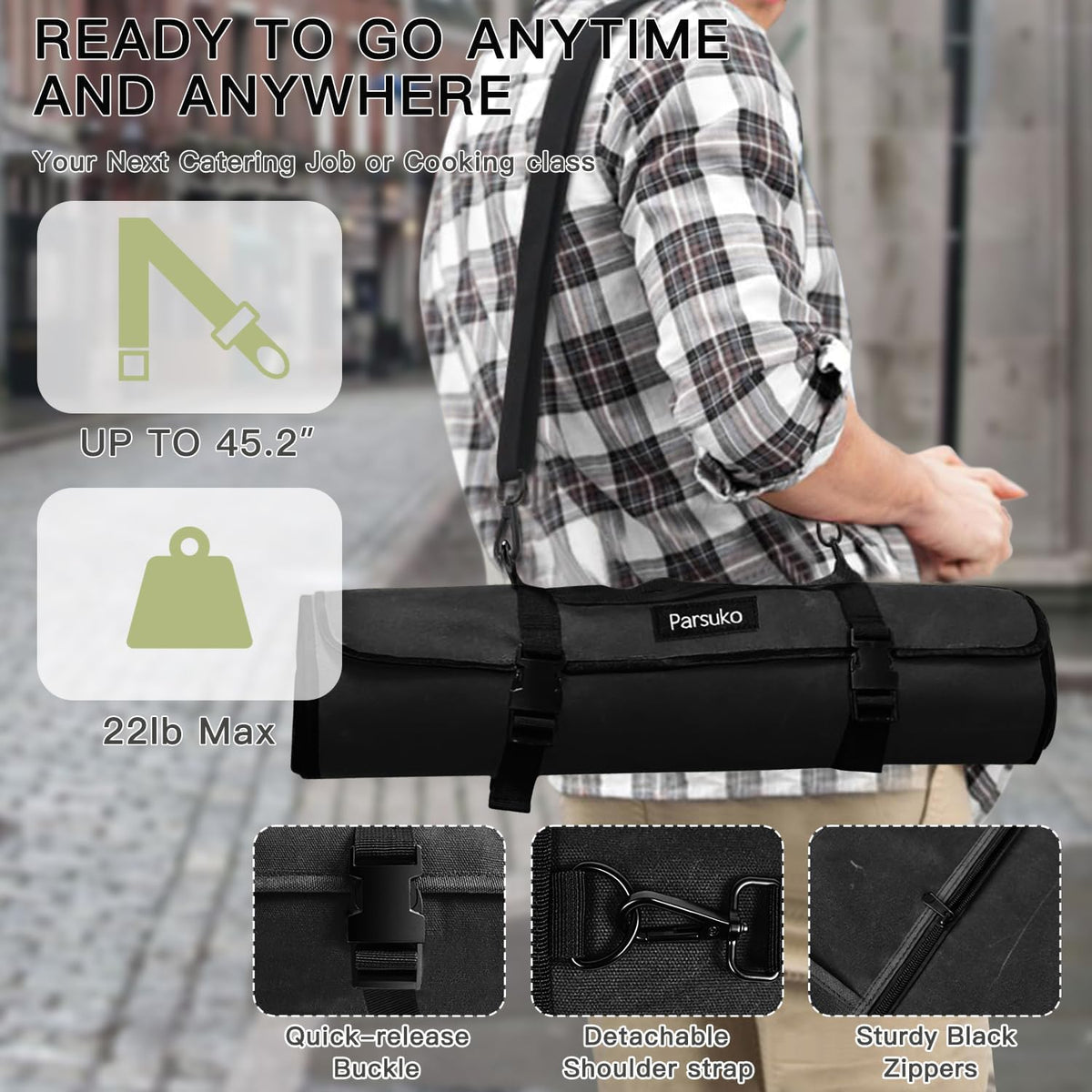 Chef Knife Roll Bag,Waterproof Waxed Canvas Knife Case Holds,Knives Roll Bags for Chefs Professional with Adjustable Strap,Chef Backpack (Black)