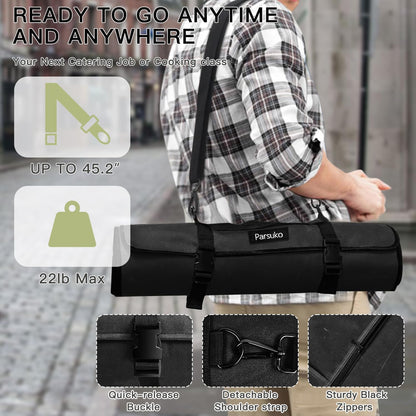 Chef Knife Roll Bag,Waterproof Waxed Canvas Knife Case Holds,Knives Roll Bags for Chefs Professional with Adjustable Strap,Chef Backpack (Black)