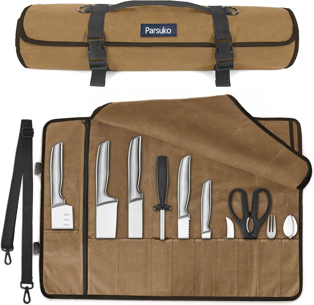 Chef Knife Roll Bag,Waterproof Waxed Canvas Knife Case Holds,Knives Roll Bags for Chefs Professional with Adjustable Strap,Chef Backpack (Black)