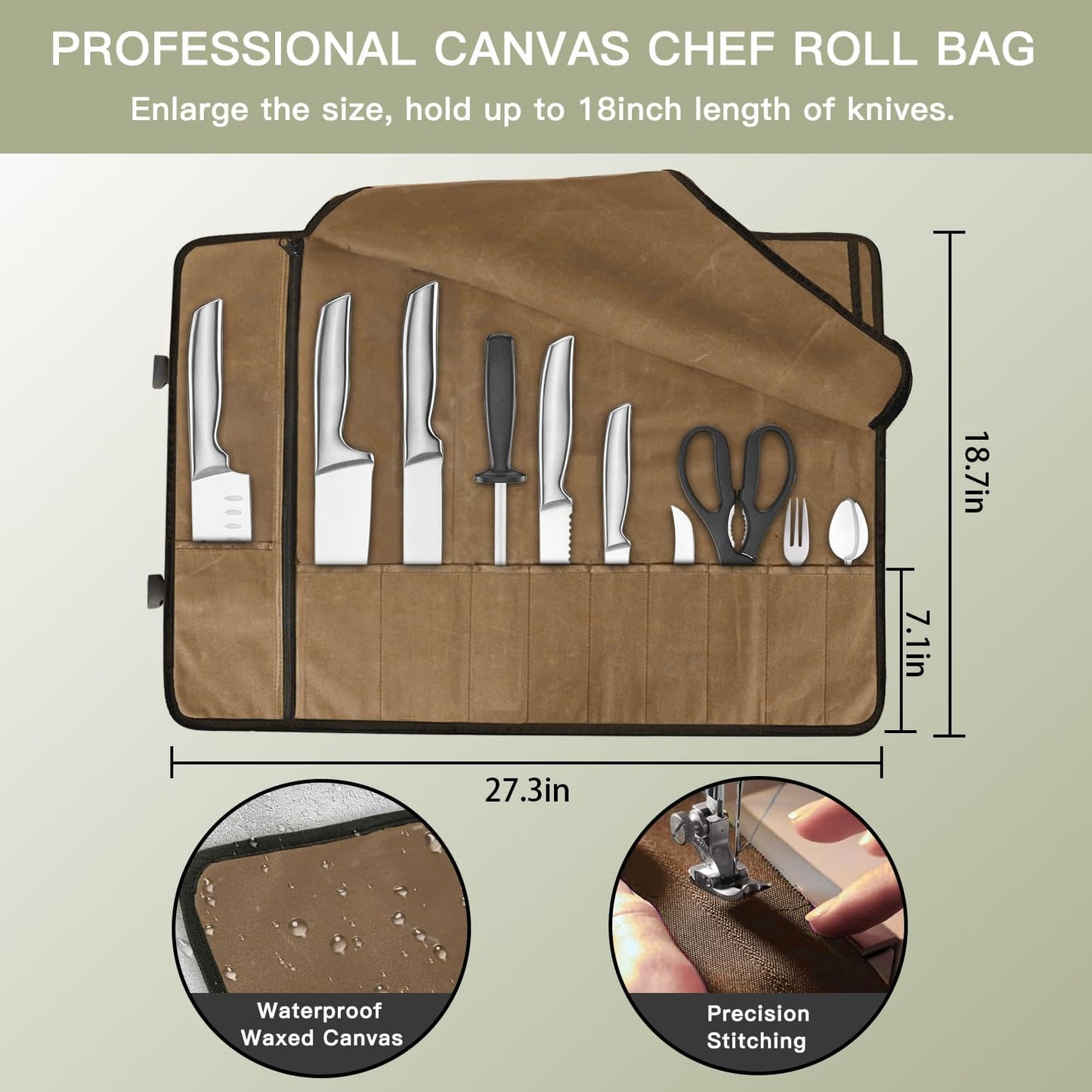 Chef Knife Roll Bag,Waterproof Waxed Canvas Knife Case Holds,Knives Roll Bags for Chefs Professional with Adjustable Strap,Chef Backpack (Black)