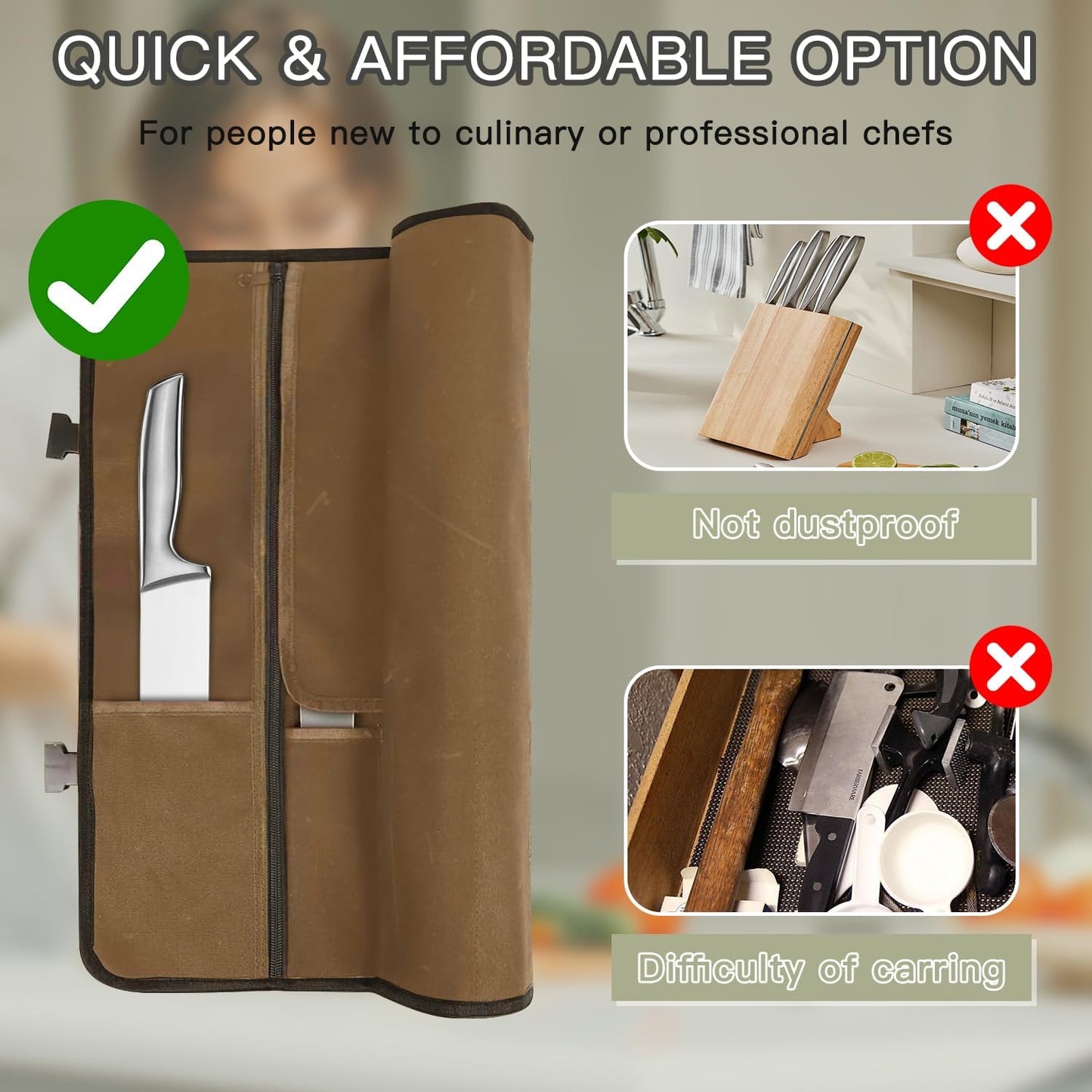 Chef Knife Roll Bag,Waterproof Waxed Canvas Knife Case Holds,Knives Roll Bags for Chefs Professional with Adjustable Strap,Chef Backpack (Black)