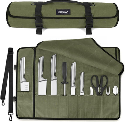 Chef Knife Roll Bag,Waterproof Waxed Canvas Knife Case Holds,Knives Roll Bags for Chefs Professional with Adjustable Strap,Chef Backpack (Black)