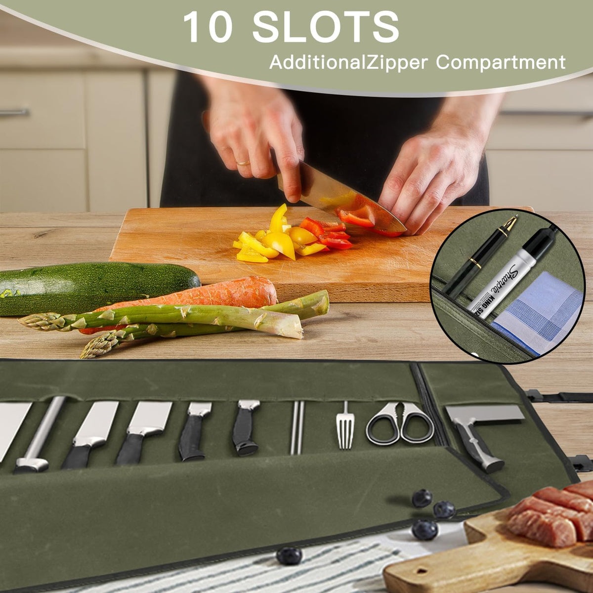 Chef Knife Roll Bag,Waterproof Waxed Canvas Knife Case Holds,Knives Roll Bags for Chefs Professional with Adjustable Strap,Chef Backpack (Black)