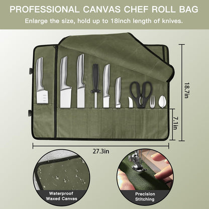 Chef Knife Roll Bag,Waterproof Waxed Canvas Knife Case Holds,Knives Roll Bags for Chefs Professional with Adjustable Strap,Chef Backpack (Black)