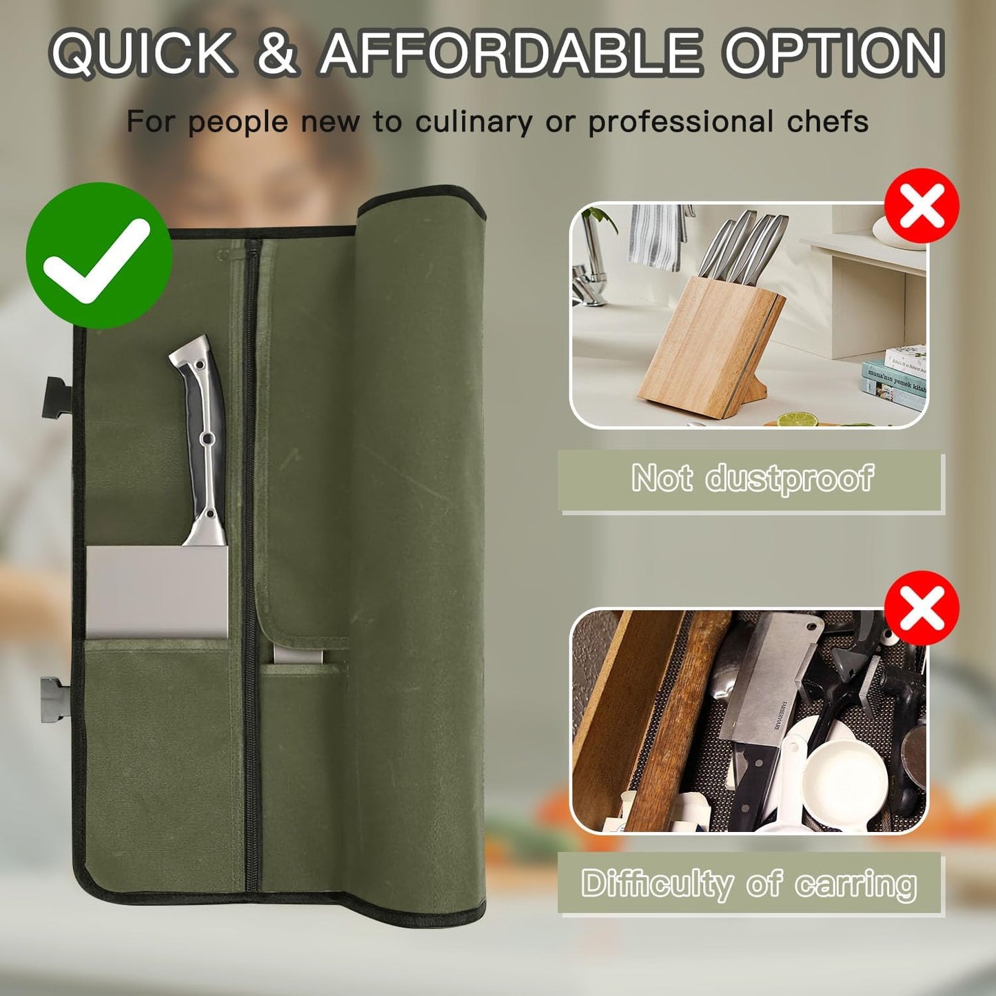 Chef Knife Roll Bag,Waterproof Waxed Canvas Knife Case Holds,Knives Roll Bags for Chefs Professional with Adjustable Strap,Chef Backpack (Black)