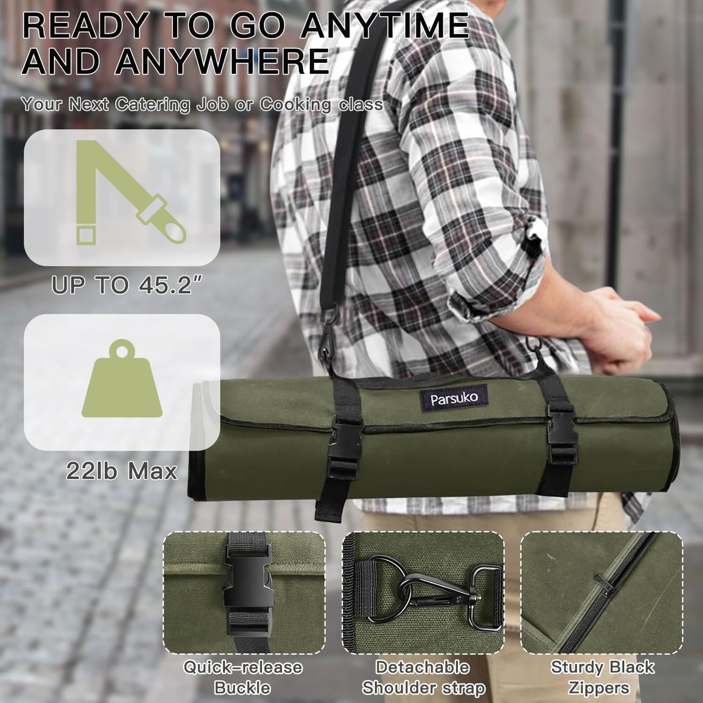 Chef Knife Roll Bag,Waterproof Waxed Canvas Knife Case Holds,Knives Roll Bags for Chefs Professional with Adjustable Strap,Chef Backpack (Black)
