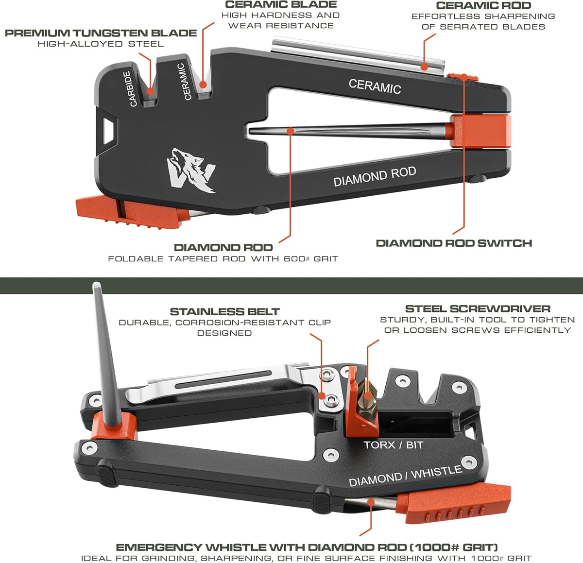 Blade Professor - Pocket Knife Sharpener - 7 in 1 Portable Handheld Tool with Tungsten Ceramic and Diamond Rods - Compact Portable Knife Sharpener for Hunting, Camping and EDC