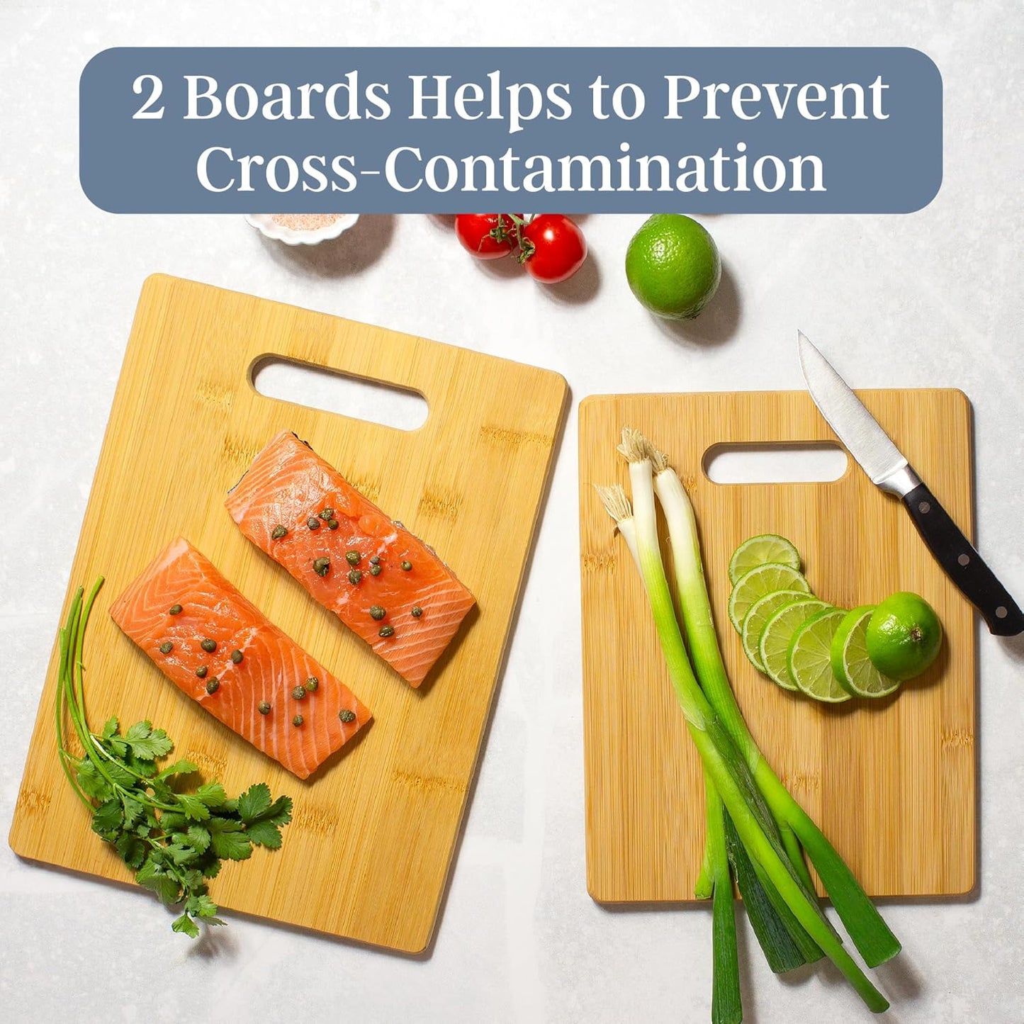 2-Piece Bamboo Cutting Board Set, Wood Cutting Boards for Kitchen, Reversible Chopping Boards with Handles in Medium and Large Sizes