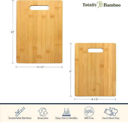 2-Piece Bamboo Cutting Board Set, Wood Cutting Boards for Kitchen, Reversible Chopping Boards with Handles in Medium and Large Sizes