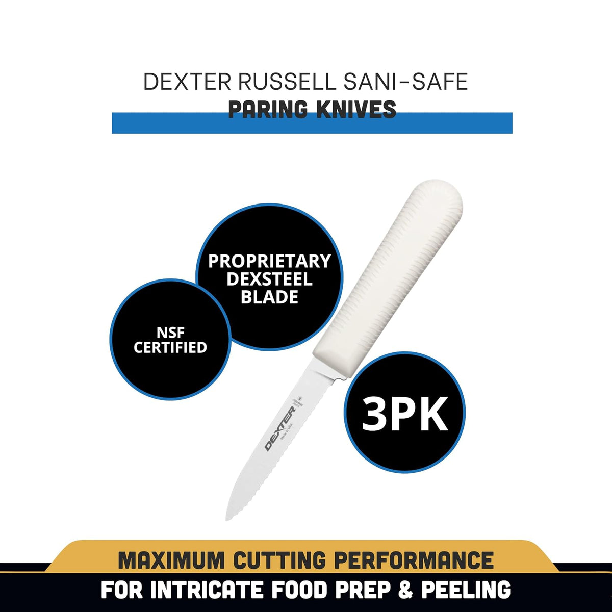 3-Pack S104SC Paring Knives | 3¼" Scalloped Stainless Steel Blades | Textured Slip-Resistant Polypropylene Handles | NSF Certified | Made in USA