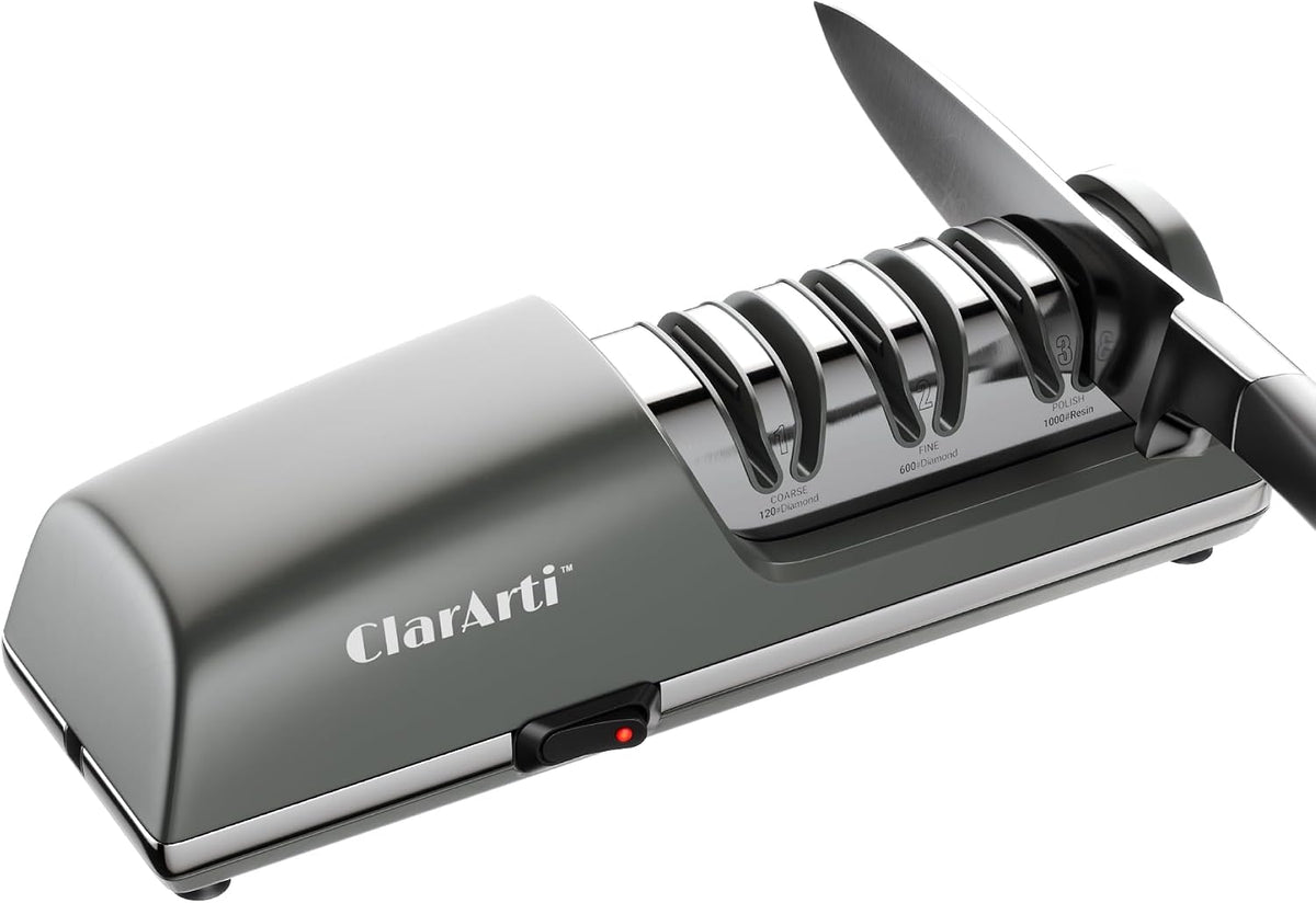 Electric Knife Sharpener – 3-Stage Diamond Sharpening System for Straight & Serrated Kitchen Knives, Guided 20° Angle, Compact Design