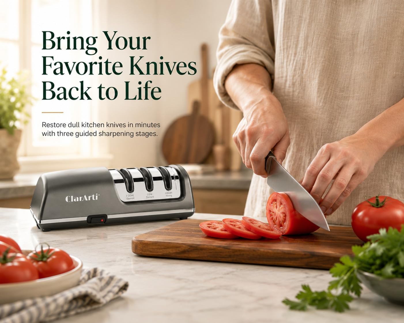 Electric Knife Sharpener – 3-Stage Diamond Sharpening System for Straight & Serrated Kitchen Knives, Guided 20° Angle, Compact Design
