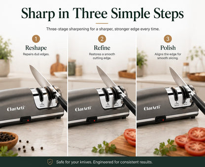 Electric Knife Sharpener – 3-Stage Diamond Sharpening System for Straight & Serrated Kitchen Knives, Guided 20° Angle, Compact Design