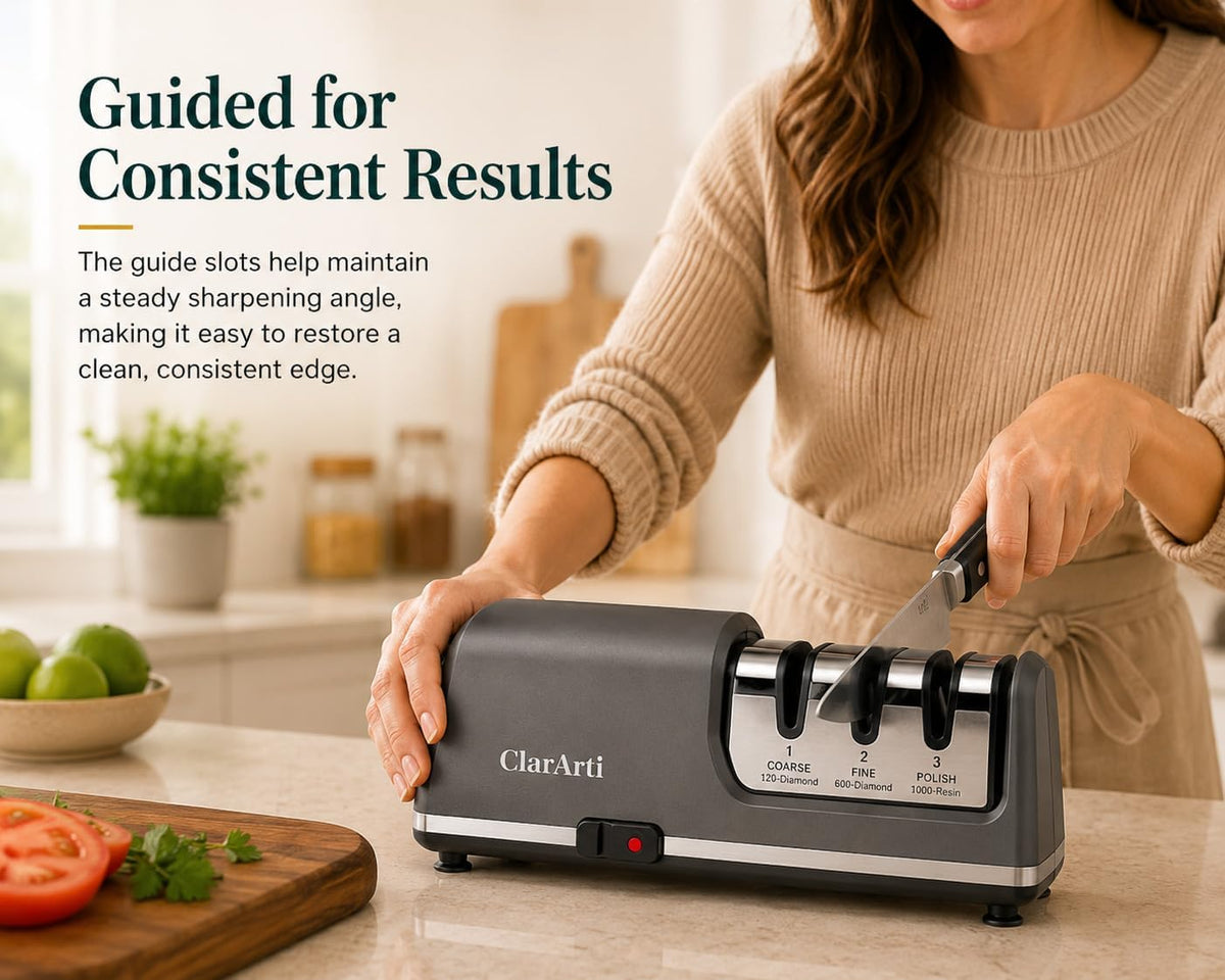 Electric Knife Sharpener – 3-Stage Diamond Sharpening System for Straight & Serrated Kitchen Knives, Guided 20° Angle, Compact Design