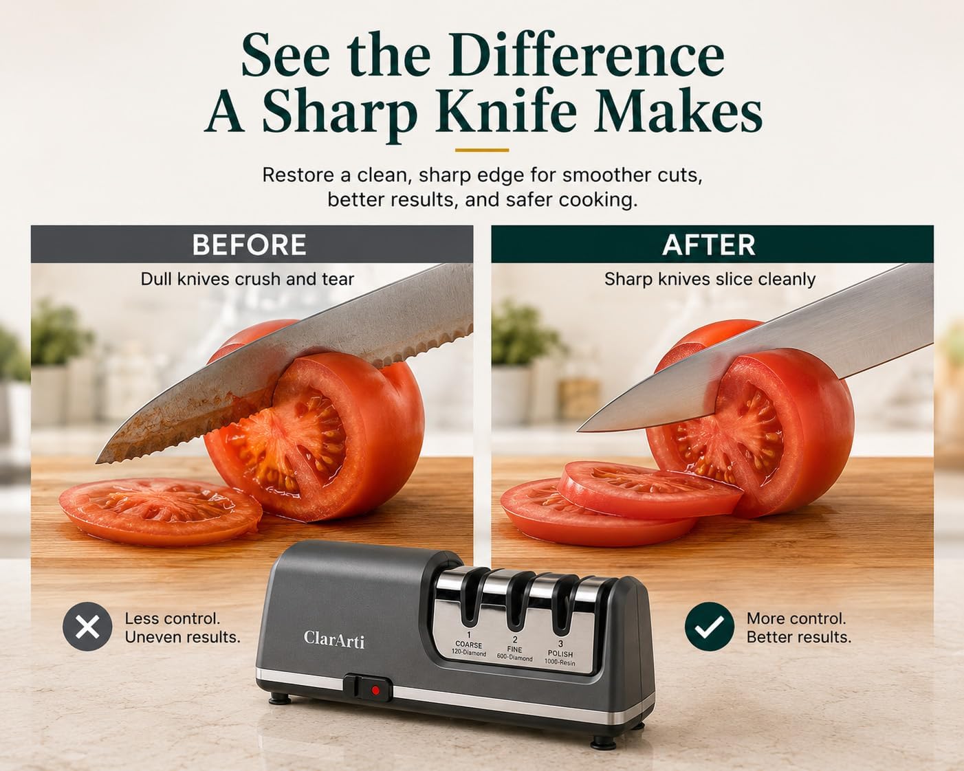 Electric Knife Sharpener – 3-Stage Diamond Sharpening System for Straight & Serrated Kitchen Knives, Guided 20° Angle, Compact Design