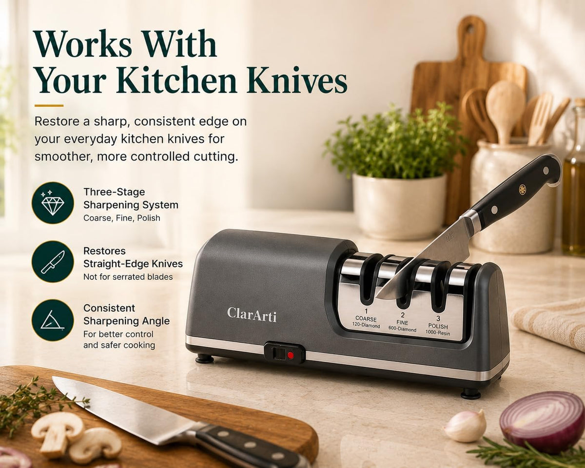 Electric Knife Sharpener – 3-Stage Diamond Sharpening System for Straight & Serrated Kitchen Knives, Guided 20° Angle, Compact Design