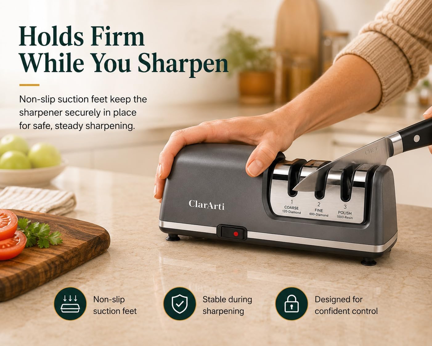 Electric Knife Sharpener – 3-Stage Diamond Sharpening System for Straight & Serrated Kitchen Knives, Guided 20° Angle, Compact Design