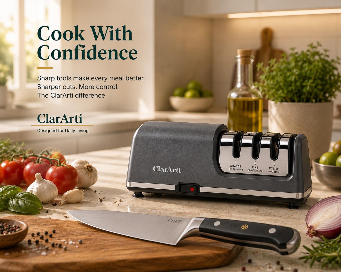 Electric Knife Sharpener – 3-Stage Diamond Sharpening System for Straight & Serrated Kitchen Knives, Guided 20° Angle, Compact Design