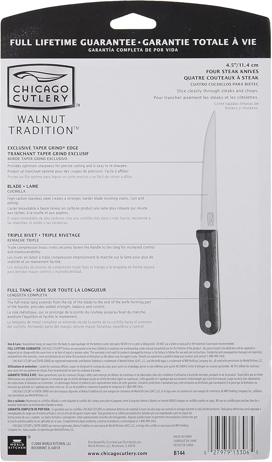 B144 Walnut Tradition 4-Piece Steak Knife Set | Full Tang Construction | Triple-Rivet Handles | Precision Edge Performance | Dining Table Ready