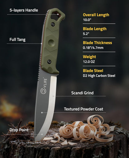 Fixed Blade Knife with Sheath, 5.2" D2 Steel Full Tang Survival Bushcraft Knife, Scandi Grind, 5-Layer Handle with G10 Liners, Heavy Duty Hunting Camping Knives for Men, Green