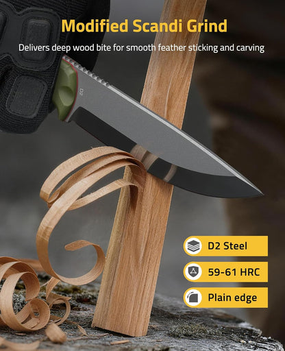 Fixed Blade Knife with Sheath, 5.2" D2 Steel Full Tang Survival Bushcraft Knife, Scandi Grind, 5-Layer Handle with G10 Liners, Heavy Duty Hunting Camping Knives for Men, Green