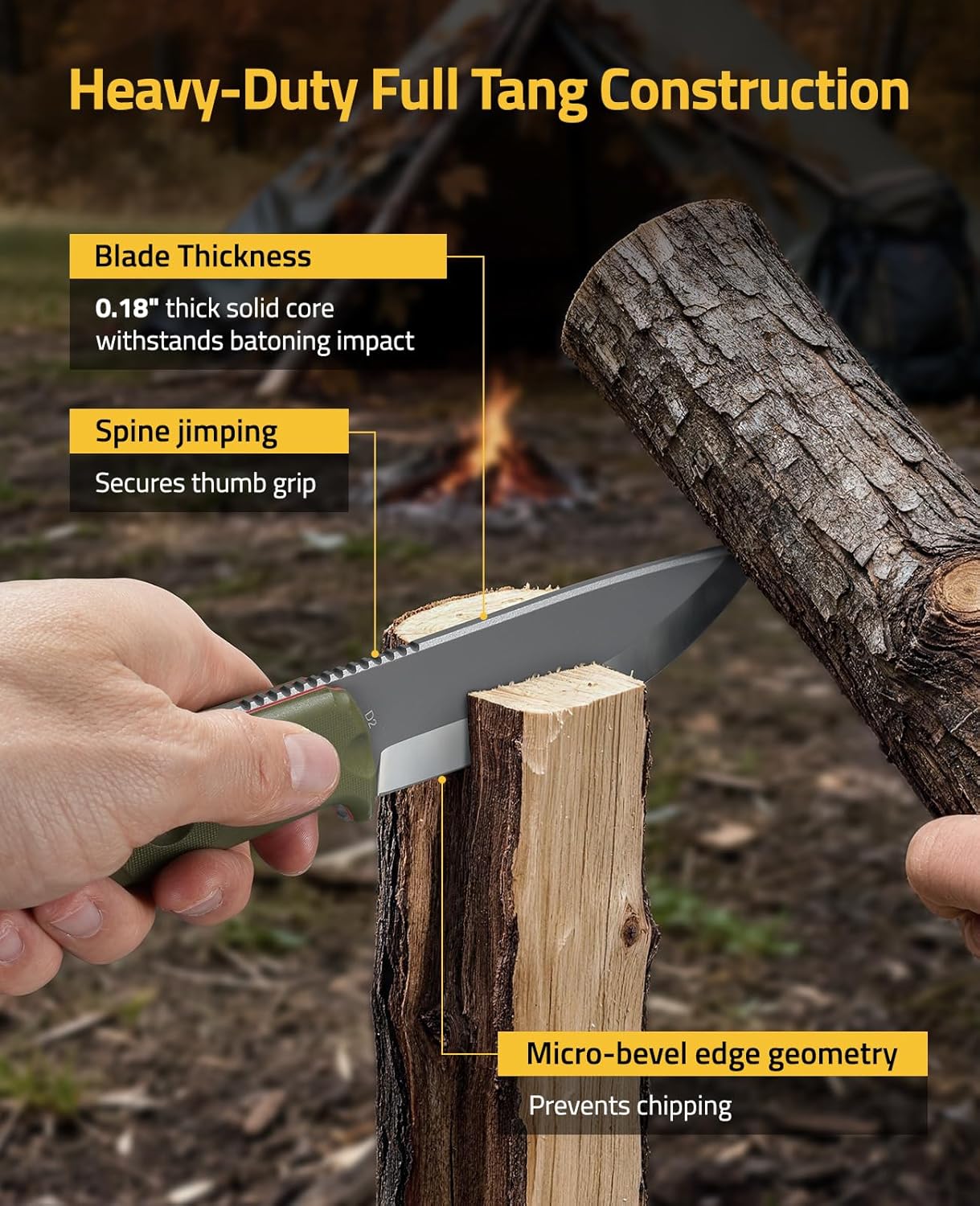 Fixed Blade Knife with Sheath, 5.2" D2 Steel Full Tang Survival Bushcraft Knife, Scandi Grind, 5-Layer Handle with G10 Liners, Heavy Duty Hunting Camping Knives for Men, Green