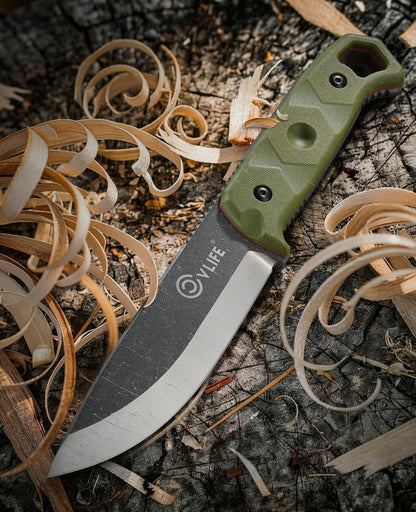 Fixed Blade Knife with Sheath, 5.2" D2 Steel Full Tang Survival Bushcraft Knife, Scandi Grind, 5-Layer Handle with G10 Liners, Heavy Duty Hunting Camping Knives for Men, Green