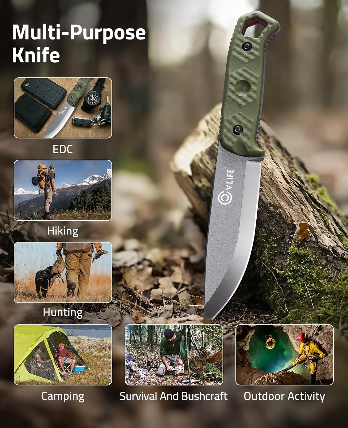 Fixed Blade Knife with Sheath, 5.2" D2 Steel Full Tang Survival Bushcraft Knife, Scandi Grind, 5-Layer Handle with G10 Liners, Heavy Duty Hunting Camping Knives for Men, Green