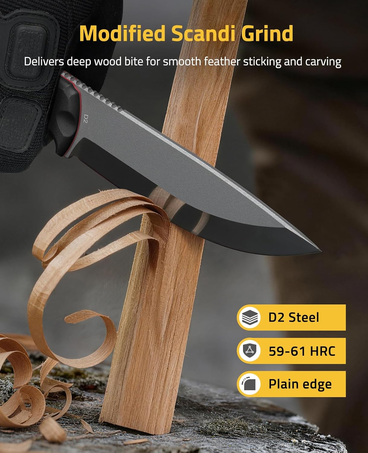 Fixed Blade Knife with Sheath, 5.2" D2 Steel Full Tang Survival Bushcraft Knife, Scandi Grind, 5-Layer Handle with G10 Liners, Heavy Duty Hunting Camping Knives for Men, Green