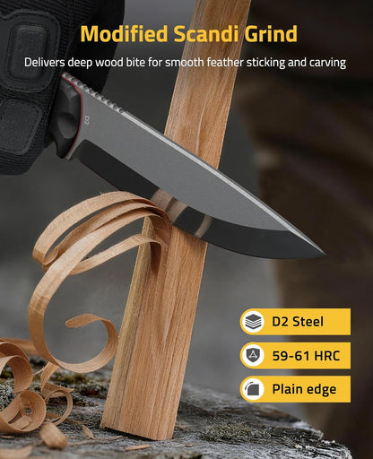 Fixed Blade Knife with Sheath, 5.2" D2 Steel Full Tang Survival Bushcraft Knife, Scandi Grind, 5-Layer Handle with G10 Liners, Heavy Duty Hunting Camping Knives for Men, Green