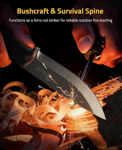 Fixed Blade Knife with Sheath, 5.2" D2 Steel Full Tang Survival Bushcraft Knife, Scandi Grind, 5-Layer Handle with G10 Liners, Heavy Duty Hunting Camping Knives for Men, Green