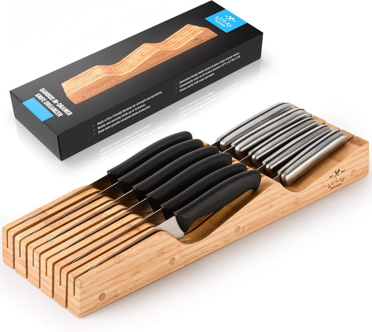Bamboo Knife Drawer Organizer Insert - Edge-Protecting Knife Organizer Block Holds Up To 11 Knives - Smooth Finish Drawer Knife Organizer Tray Fits In Most Drawers For Kitchen