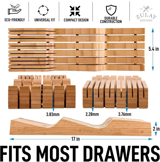 Bamboo Knife Drawer Organizer Insert - Edge-Protecting Knife Organizer Block Holds Up To 11 Knives - Smooth Finish Drawer Knife Organizer Tray Fits In Most Drawers For Kitchen