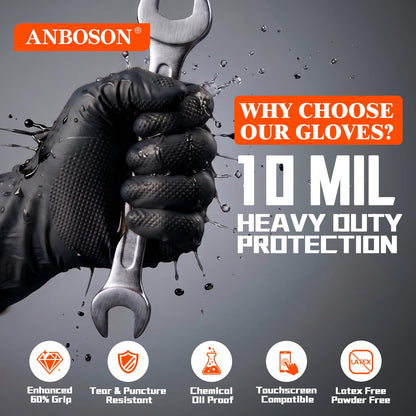ANBOSON 10 Mil Heavy Duty Mechanic Nitrile Gloves, Large Black 100 Count | Diamond Grip,Latex Free,Chemical Resistant Disposable Thick Rubber Gloves for Auto Repair, Industrial, Food, Work ,BBQ,Men