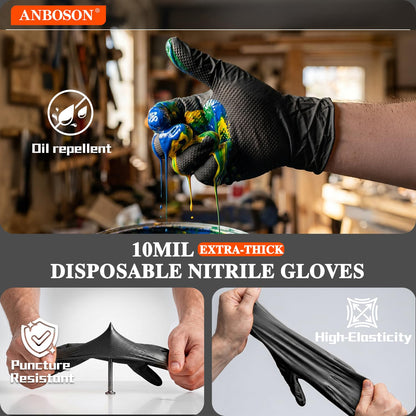 ANBOSON 10 Mil Heavy Duty Mechanic Nitrile Gloves, Large Black 100 Count | Diamond Grip,Latex Free,Chemical Resistant Disposable Thick Rubber Gloves for Auto Repair, Industrial, Food, Work ,BBQ,Men