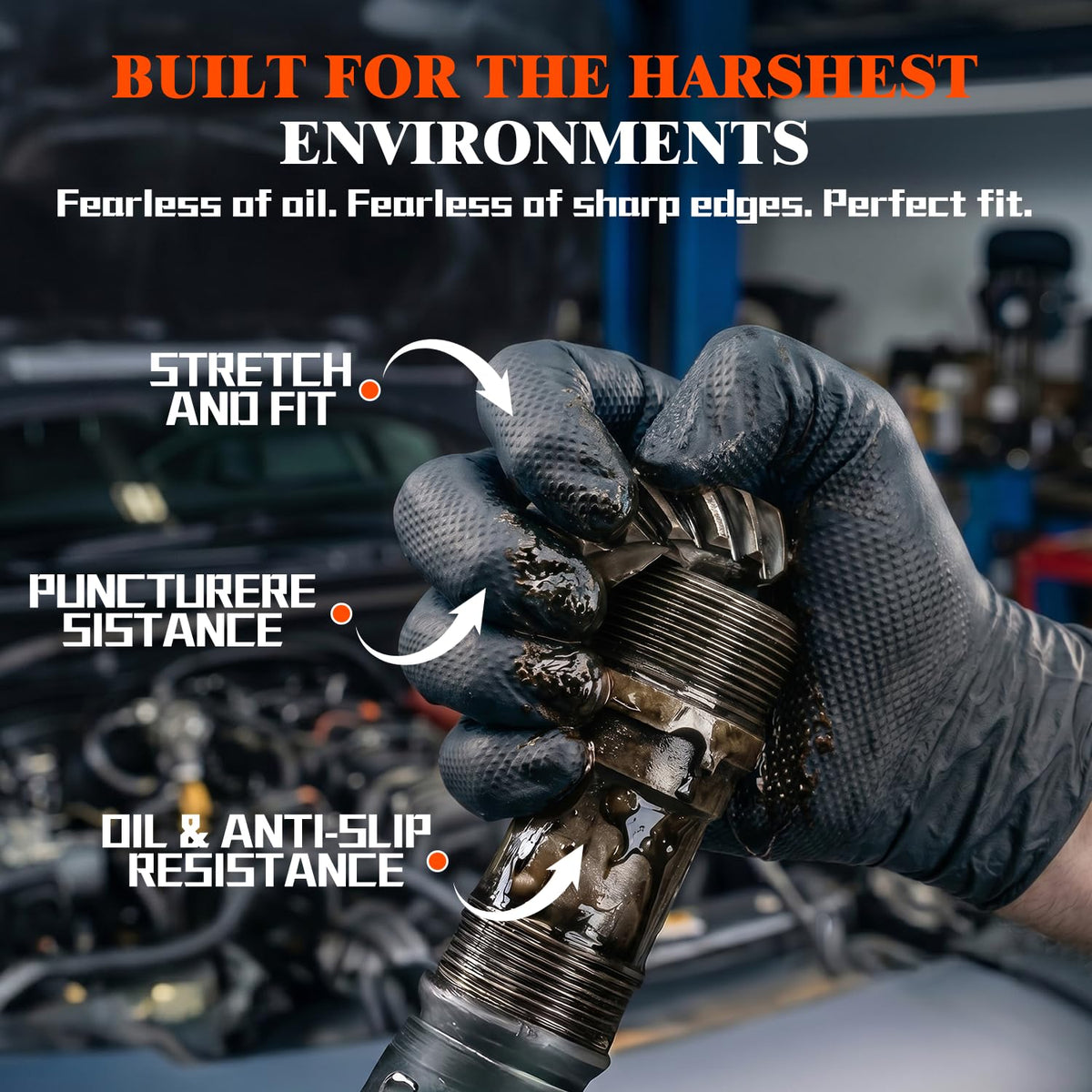 ANBOSON 10 Mil Heavy Duty Mechanic Nitrile Gloves, Large Black 100 Count | Diamond Grip,Latex Free,Chemical Resistant Disposable Thick Rubber Gloves for Auto Repair, Industrial, Food, Work ,BBQ,Men