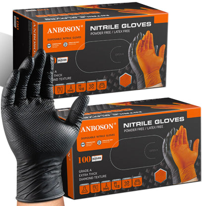ANBOSON 10 Mil Heavy Duty Mechanic Nitrile Gloves, Large Black 100 Count | Diamond Grip,Latex Free,Chemical Resistant Disposable Thick Rubber Gloves for Auto Repair, Industrial, Food, Work ,BBQ,Men