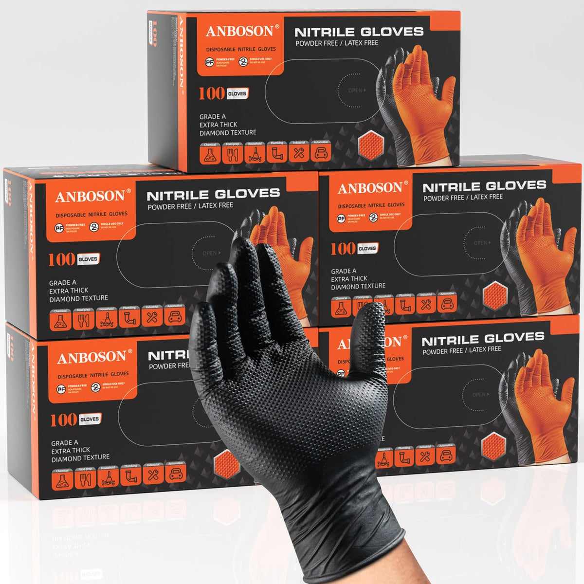ANBOSON 10 Mil Heavy Duty Mechanic Nitrile Gloves, Large Black 100 Count | Diamond Grip,Latex Free,Chemical Resistant Disposable Thick Rubber Gloves for Auto Repair, Industrial, Food, Work ,BBQ,Men