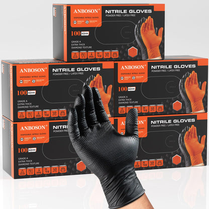 ANBOSON 10 Mil Heavy Duty Mechanic Nitrile Gloves, Large Black 100 Count | Diamond Grip,Latex Free,Chemical Resistant Disposable Thick Rubber Gloves for Auto Repair, Industrial, Food, Work ,BBQ,Men