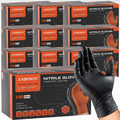 ANBOSON 10 Mil Heavy Duty Mechanic Nitrile Gloves, Large Black 100 Count | Diamond Grip,Latex Free,Chemical Resistant Disposable Thick Rubber Gloves for Auto Repair, Industrial, Food, Work ,BBQ,Men
