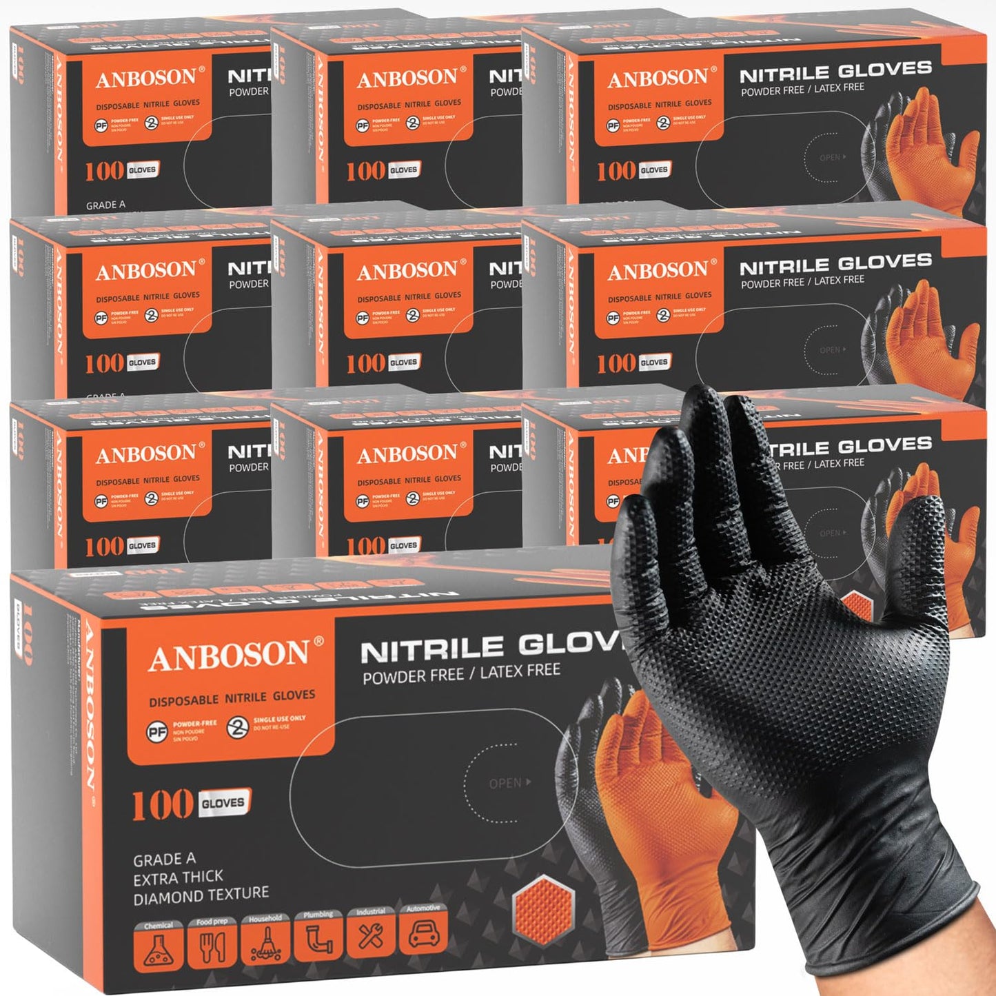 ANBOSON 10 Mil Heavy Duty Mechanic Nitrile Gloves, Large Black 100 Count | Diamond Grip,Latex Free,Chemical Resistant Disposable Thick Rubber Gloves for Auto Repair, Industrial, Food, Work ,BBQ,Men