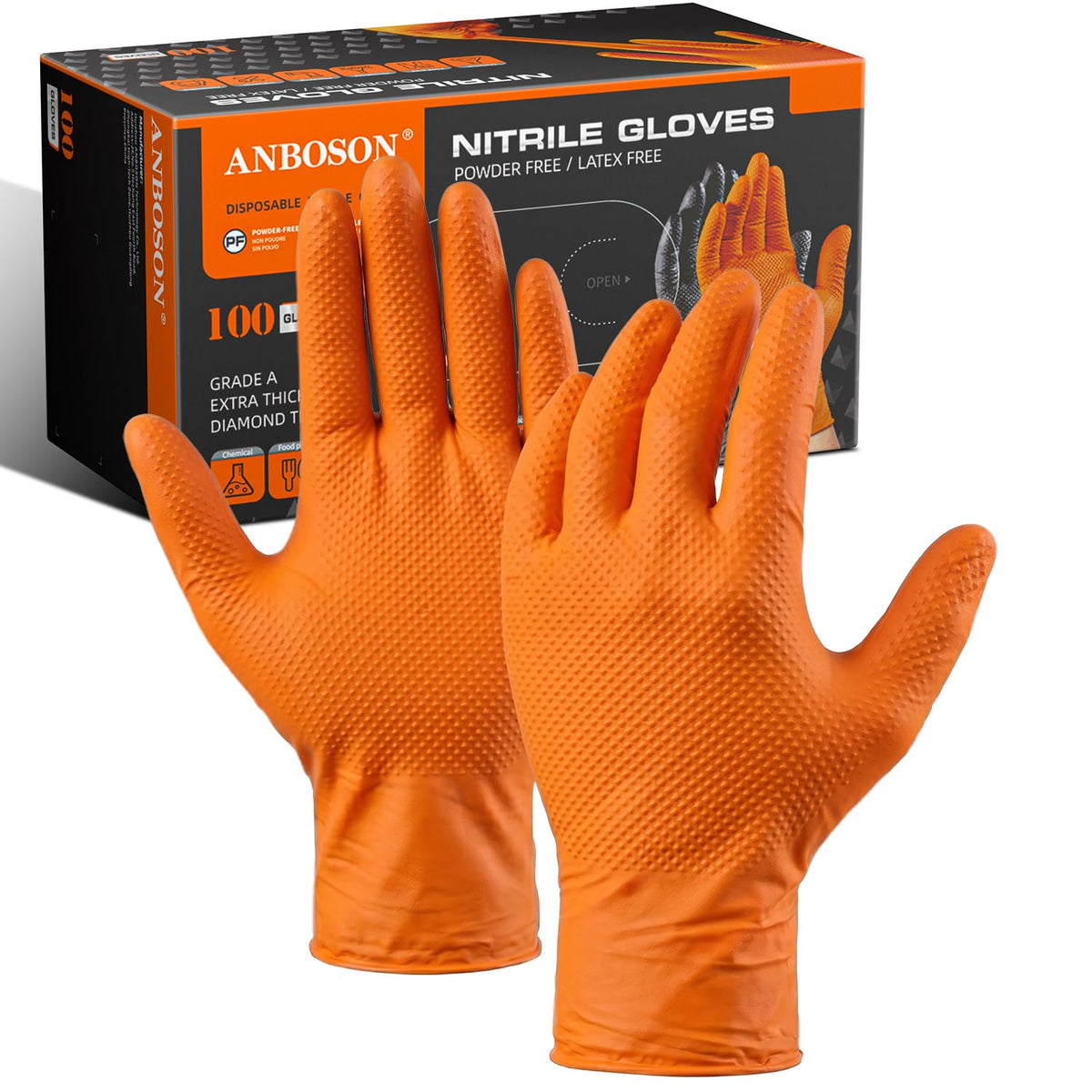 ANBOSON 10 Mil Heavy Duty Mechanic Nitrile Gloves, Large Black 100 Count | Diamond Grip,Latex Free,Chemical Resistant Disposable Thick Rubber Gloves for Auto Repair, Industrial, Food, Work ,BBQ,Men