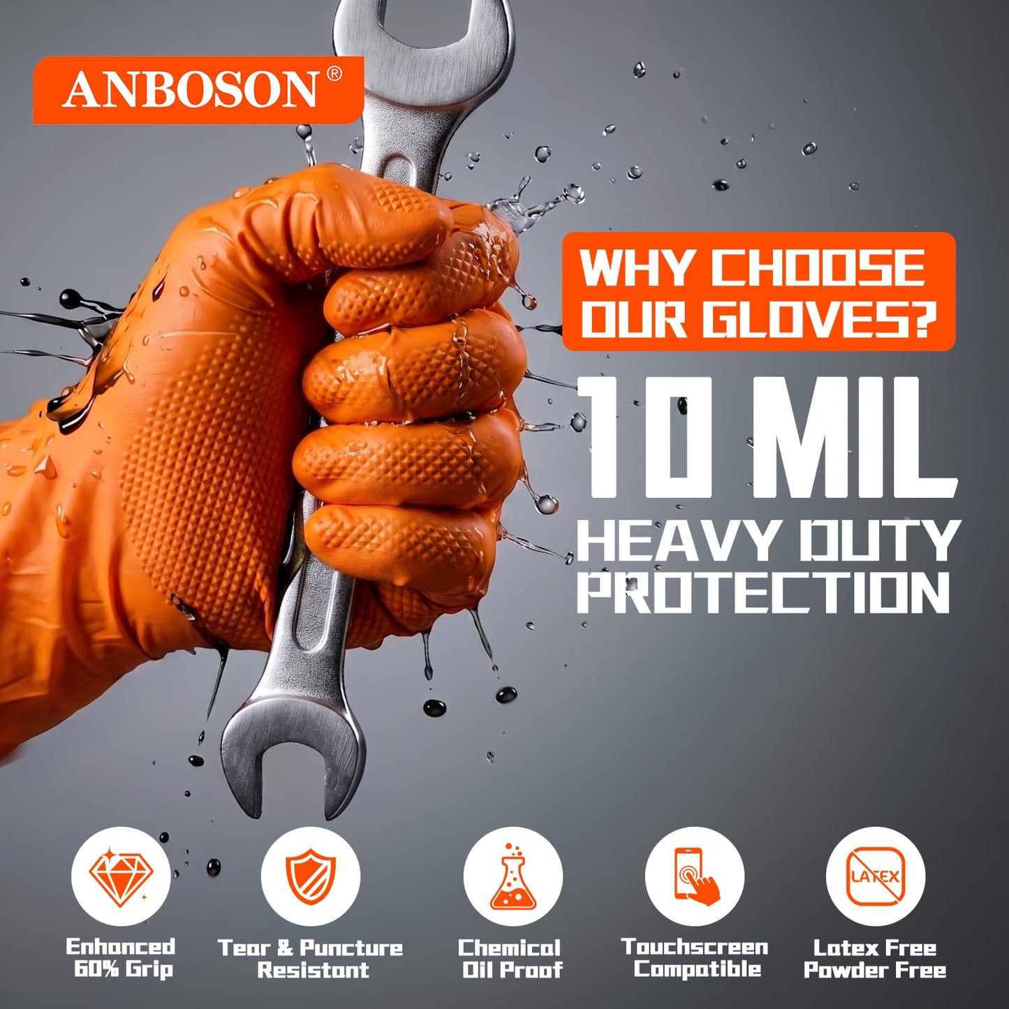 ANBOSON 10 Mil Heavy Duty Mechanic Nitrile Gloves, Large Black 100 Count | Diamond Grip,Latex Free,Chemical Resistant Disposable Thick Rubber Gloves for Auto Repair, Industrial, Food, Work ,BBQ,Men
