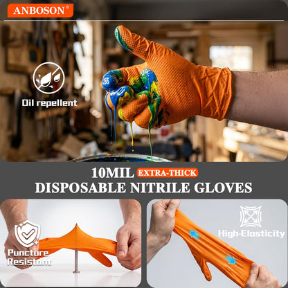 ANBOSON 10 Mil Heavy Duty Mechanic Nitrile Gloves, Large Black 100 Count | Diamond Grip,Latex Free,Chemical Resistant Disposable Thick Rubber Gloves for Auto Repair, Industrial, Food, Work ,BBQ,Men