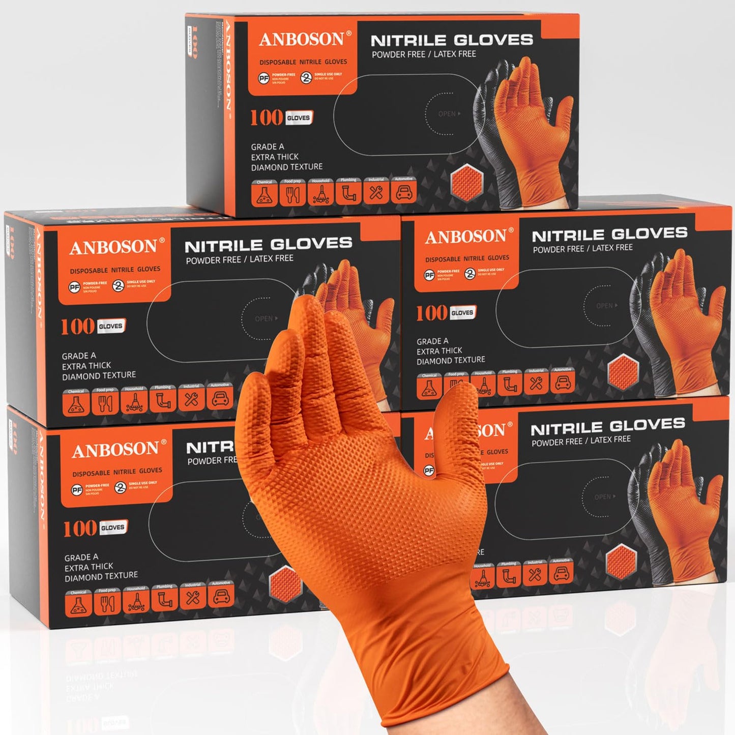 ANBOSON 10 Mil Heavy Duty Mechanic Nitrile Gloves, Large Black 100 Count | Diamond Grip,Latex Free,Chemical Resistant Disposable Thick Rubber Gloves for Auto Repair, Industrial, Food, Work ,BBQ,Men