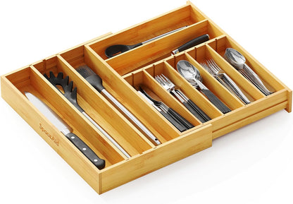 2.5" High Bamboo Silverware Drawer Organizer with Labels, Kitchen Utensil Expandable Tray Holder for Flatware, Cutlery, Spoon and Knives Drawer Storage Organization (Natural)
