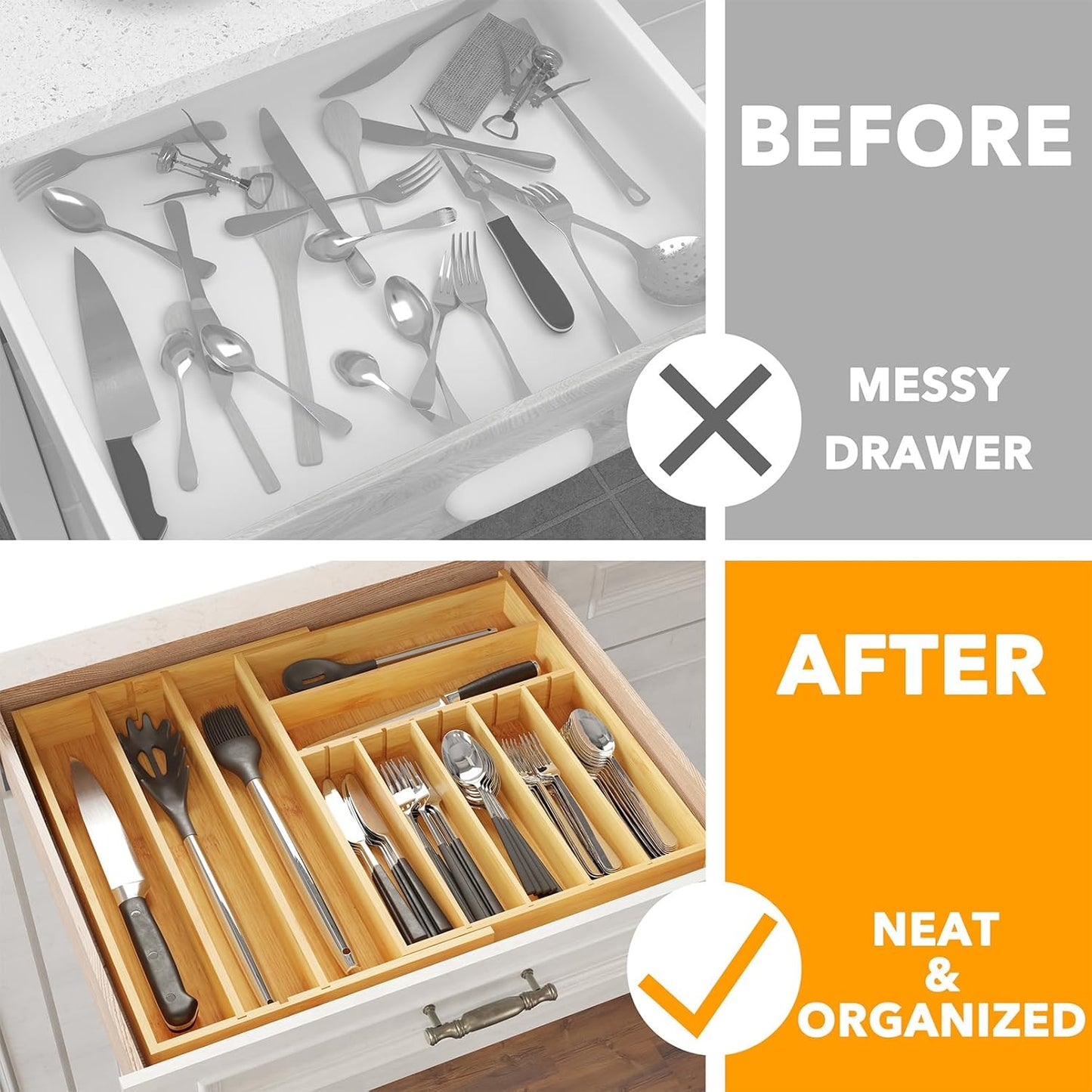 2.5" High Bamboo Silverware Drawer Organizer with Labels, Kitchen Utensil Expandable Tray Holder for Flatware, Cutlery, Spoon and Knives Drawer Storage Organization (Natural)