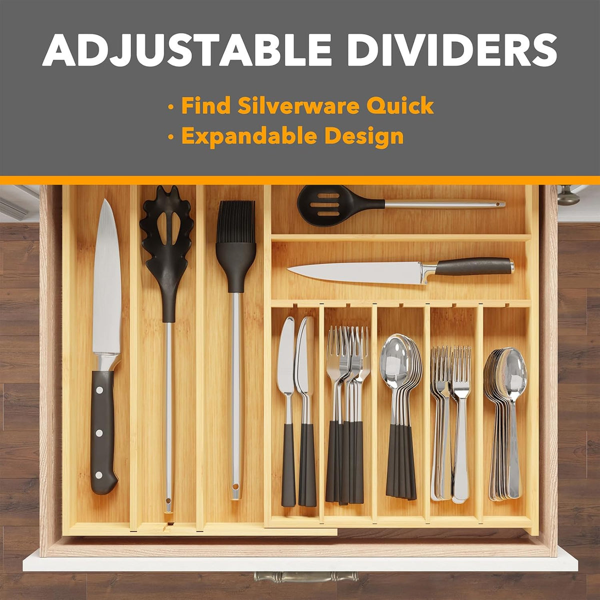 2.5" High Bamboo Silverware Drawer Organizer with Labels, Kitchen Utensil Expandable Tray Holder for Flatware, Cutlery, Spoon and Knives Drawer Storage Organization (Natural)