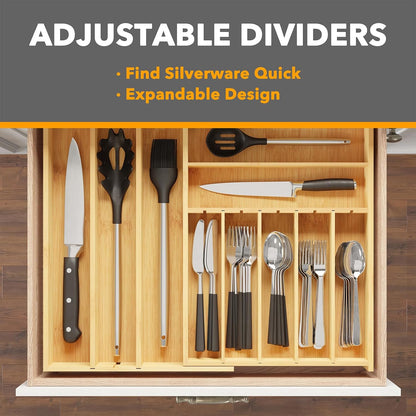 2.5" High Bamboo Silverware Drawer Organizer with Labels, Kitchen Utensil Expandable Tray Holder for Flatware, Cutlery, Spoon and Knives Drawer Storage Organization (Natural)